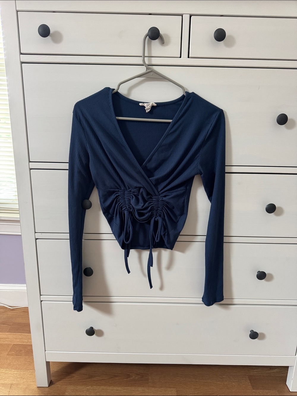 Women's Navy Ribbed Ruched Wrap Long-Sleeve Top